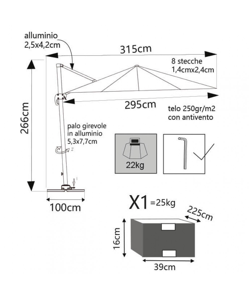 OMBRELLONE SATURNO ANTRACITE P/L 3 X 3 TELO GRIGIO